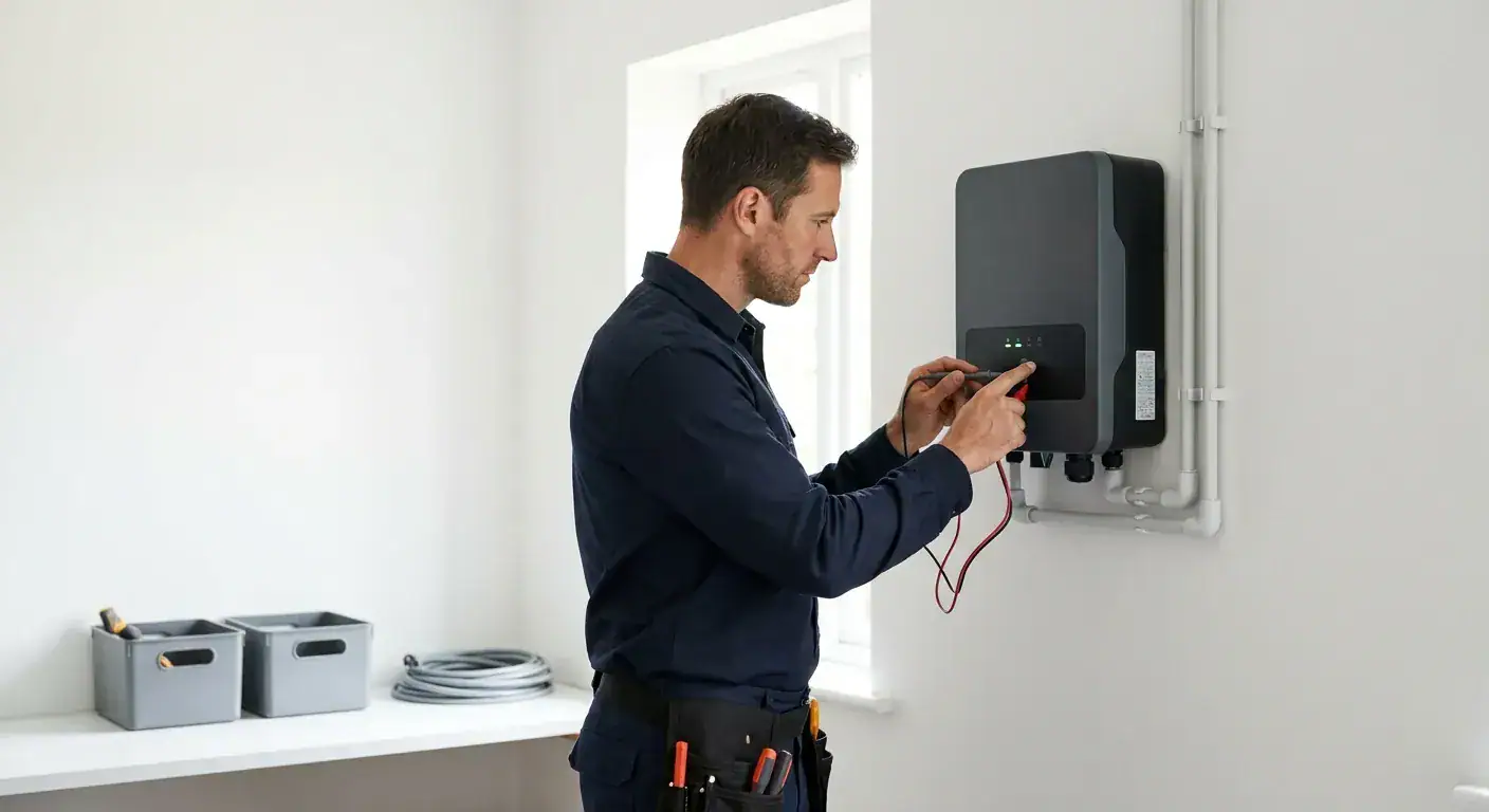 En elektriker fra Mitek AS i arbeidsklær som kontrollerer en inverter montert på en hvit vegg innendørs.