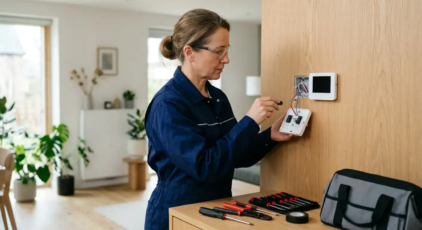 A professional electrician in a neat uniform installing a smart thermostat on a clean wooden wall