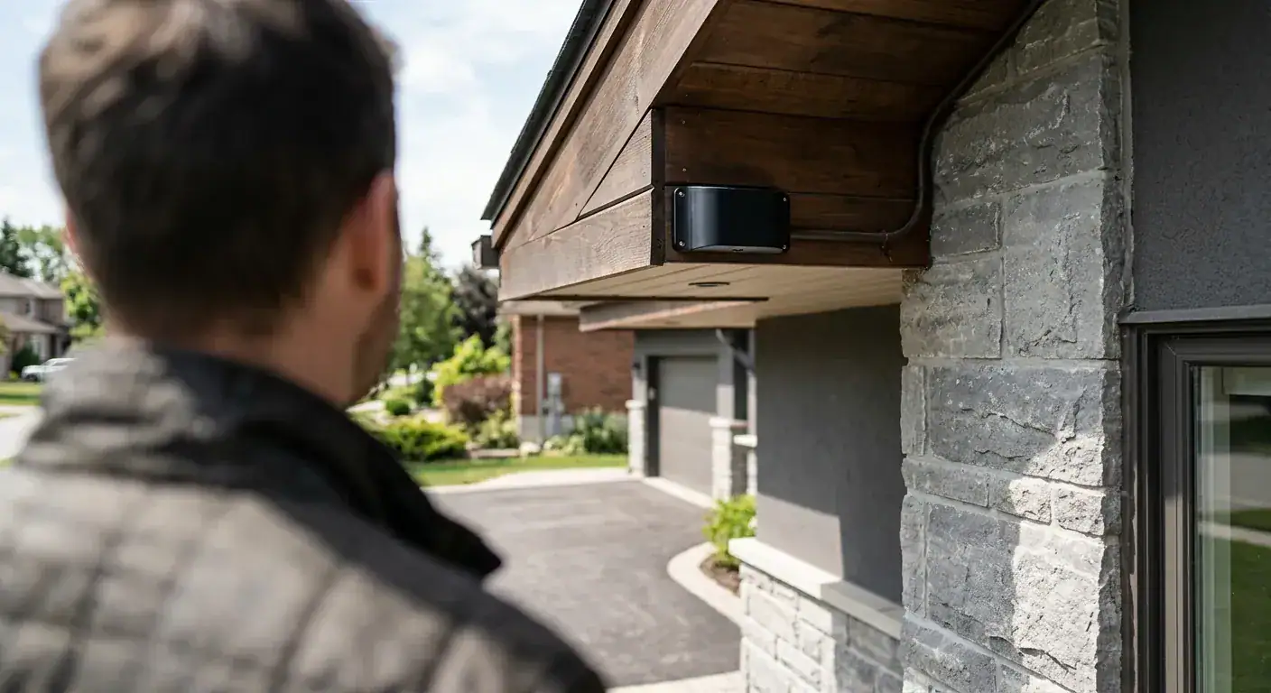 A close-up of a sleek, black outdoor motion sensor mounted discreetly under a modern garage roof eaves