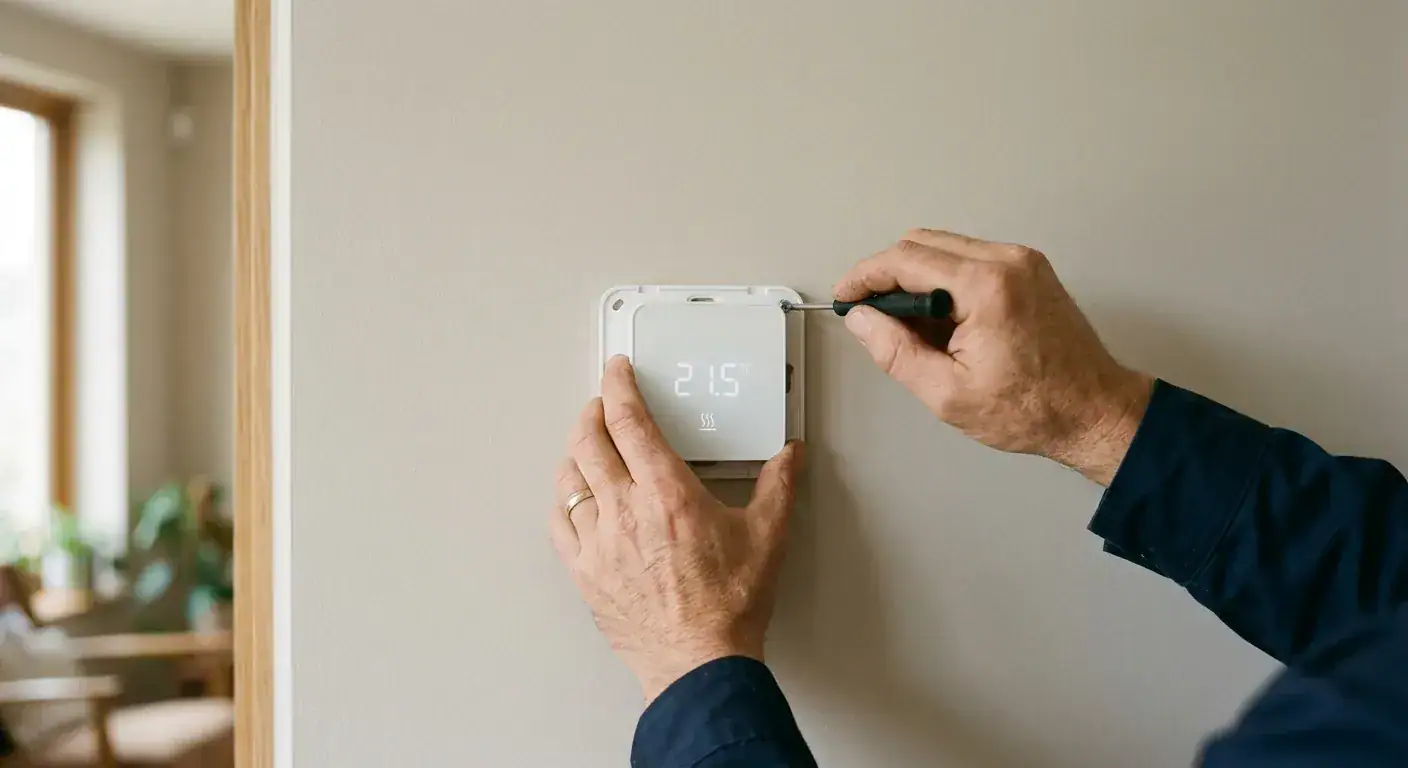 En hvit, diskret og moderne termostat montert på en vegg, som viser en behagelig temperatur på 22 grader med et lite symbol for gulvvarme aktivt