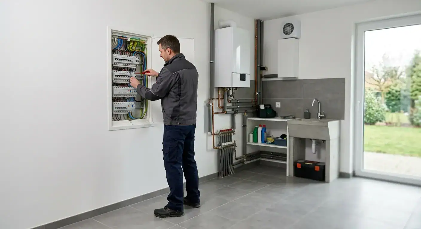 En profesjonell elektriker med verneutstyr som monterer nye automatsikringer i et lyst, ryddig og moderne sikringsskap