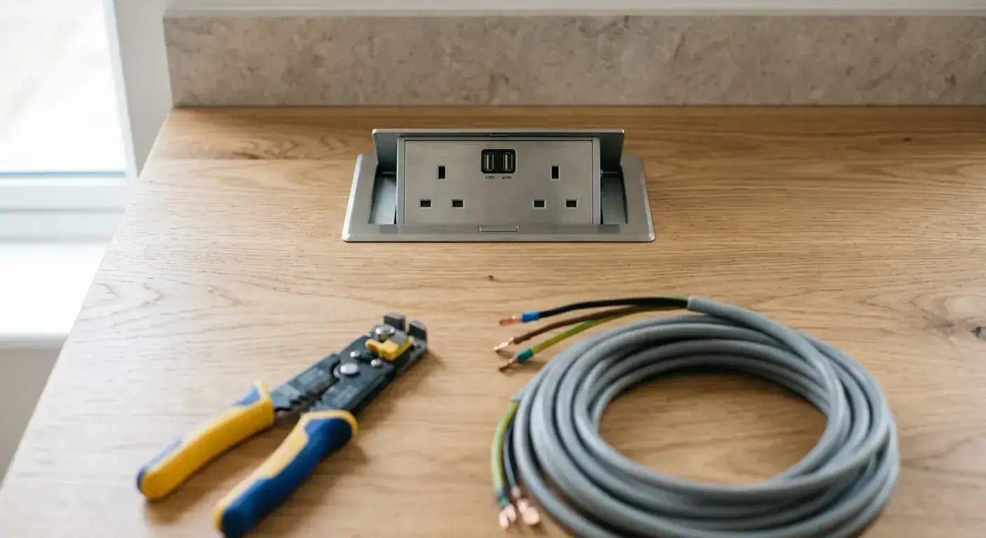 A close-up of a modern kitchen island with an integrated pop-up power outlet rising from the wooden countertop