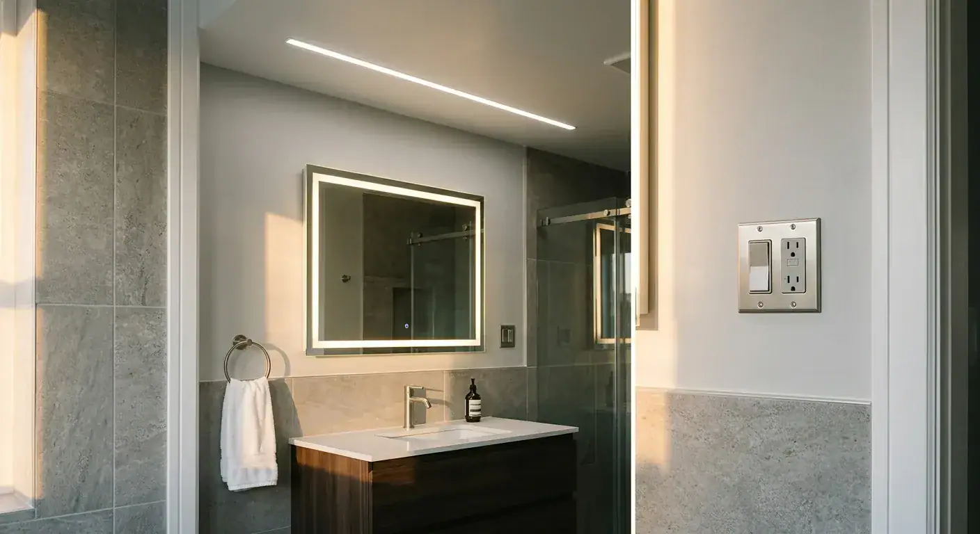 Et lyst, nyrenovert baderom med integrert LED-belysning i taket og et moderne speil med innebygd lys