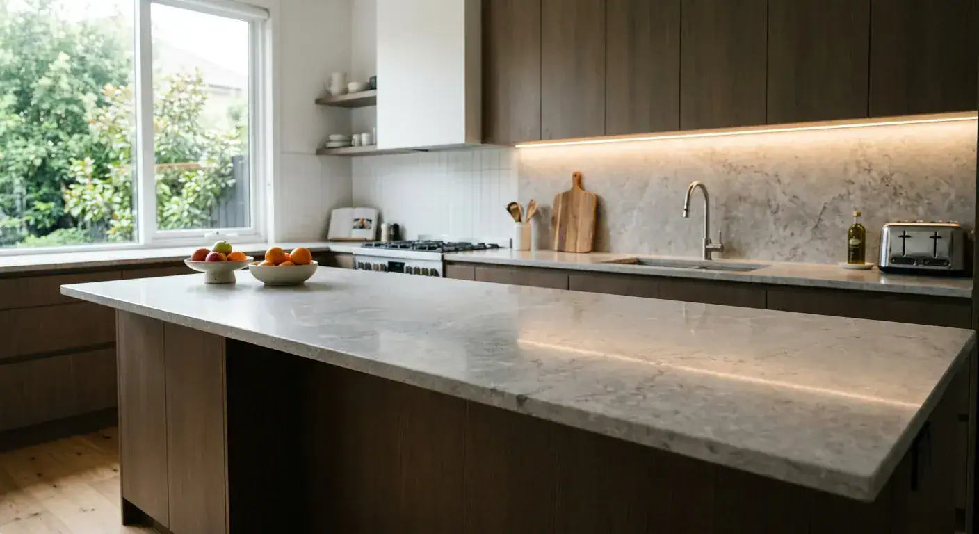 A bright, modern kitchen interior showing LED under-cabinet lighting illuminating a clean stone countertop