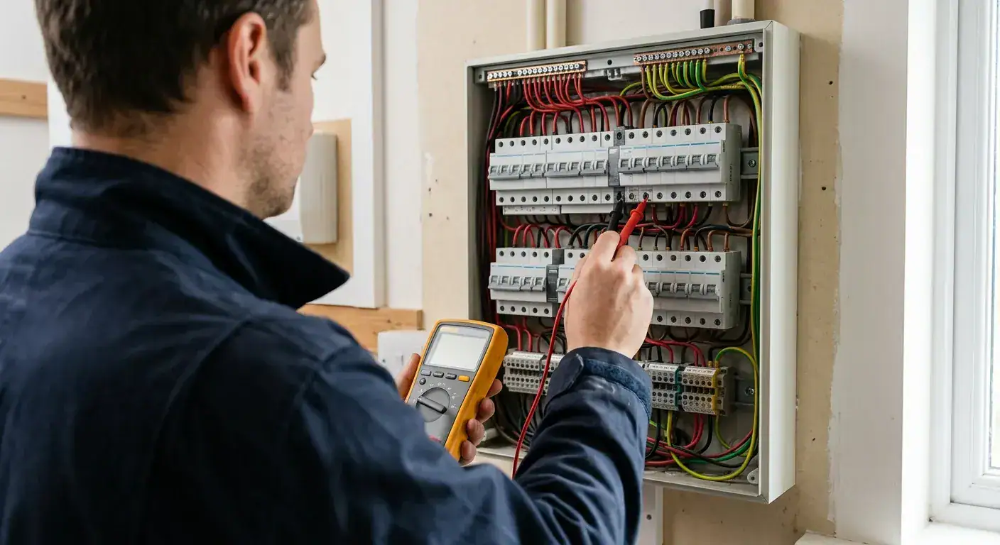 En profesjonell elektriker i arbeidstøy som systematisk undersøker et moderne sikringsskap med måleinstrumenter