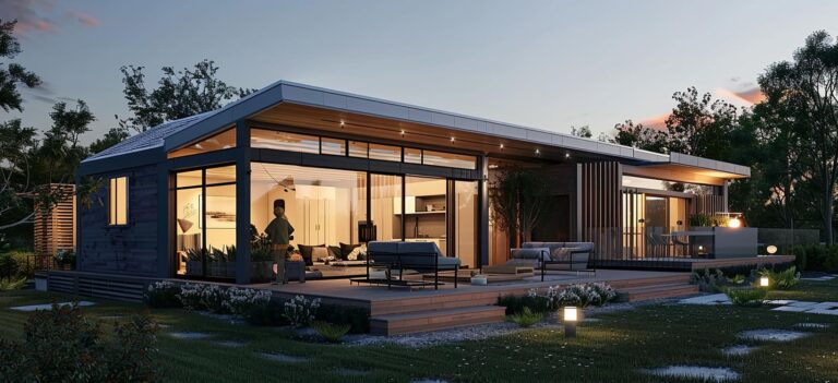 Casa moderna con luces al anochecer