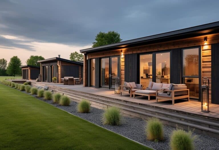 Casas modernas de madera al atardecer