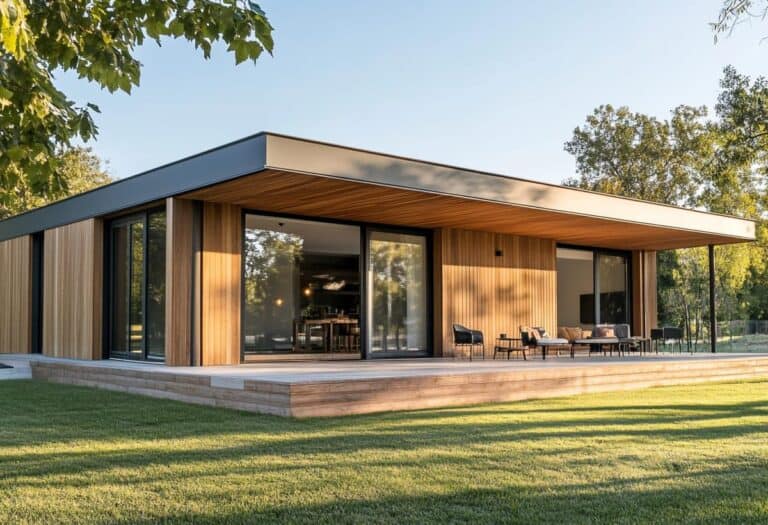 Casa moderna con paredes de madera y grandes ventanales.