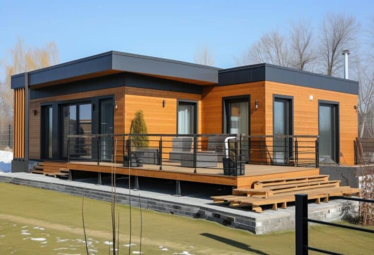 Casa moderna prefabricada con terraza y jardín