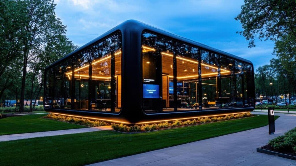 Edificio moderno con luces brillantes por la noche.