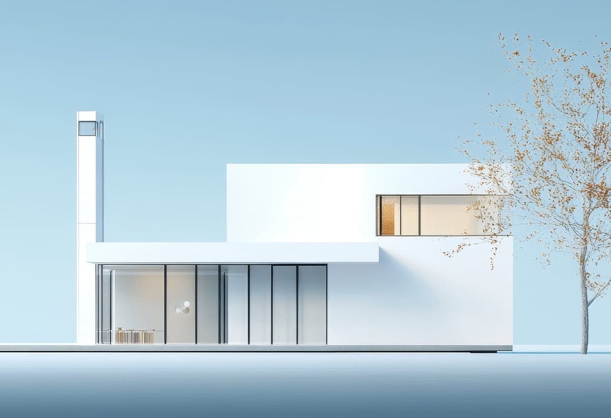 Casa moderna blanca con árbol al fondo