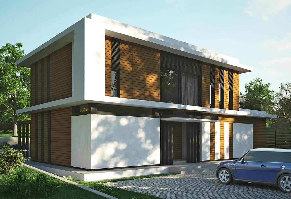 Casa moderna con coche en entrada
