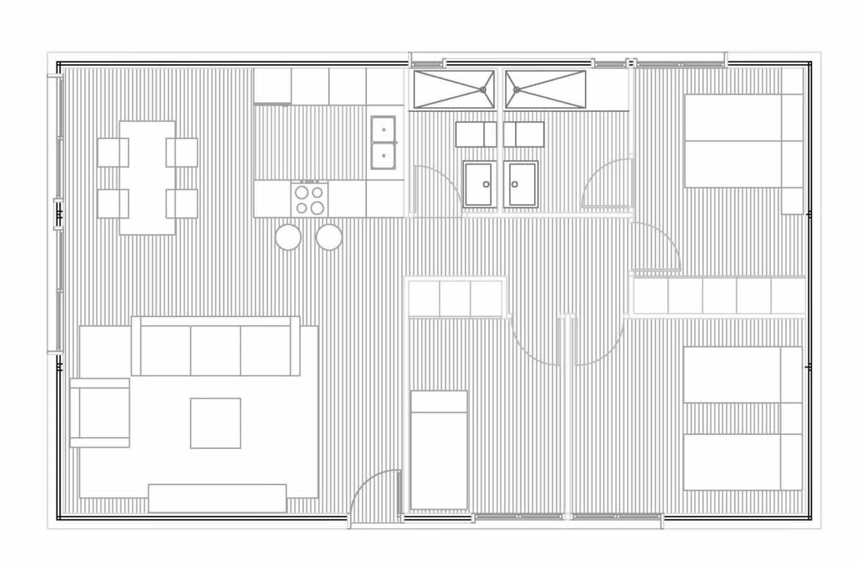 Plano arquitectónico de casa con salón y dormitorios.
