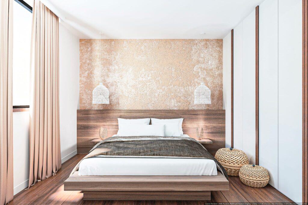 Dormitorio moderno con cama y lámparas colgantes.