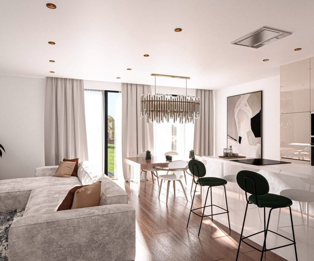 Moderna sala de estar y comedor, diseño elegante.