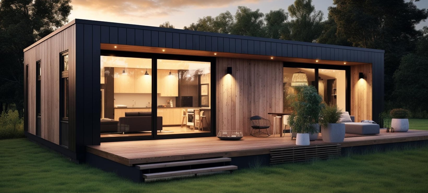Casa moderna de madera al atardecer.