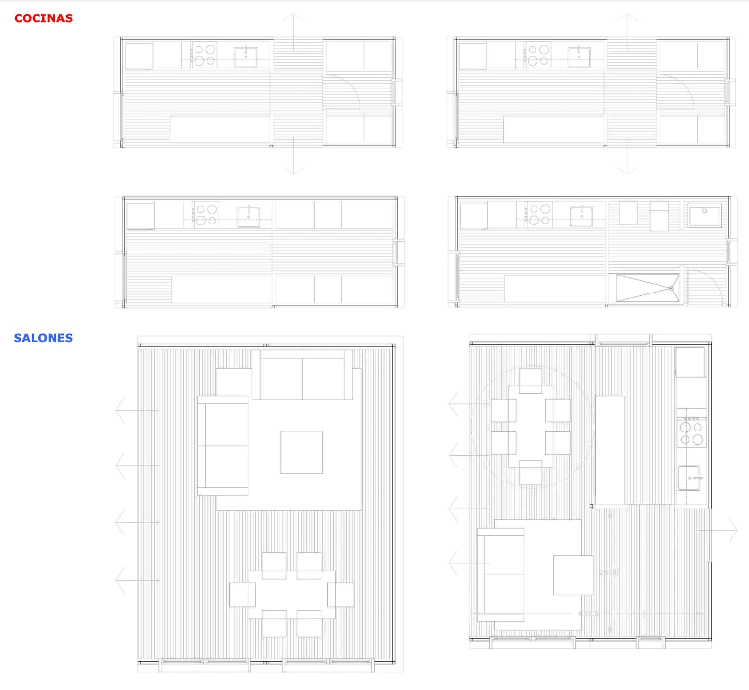 Planos de cocinas y salones en distribución modular.