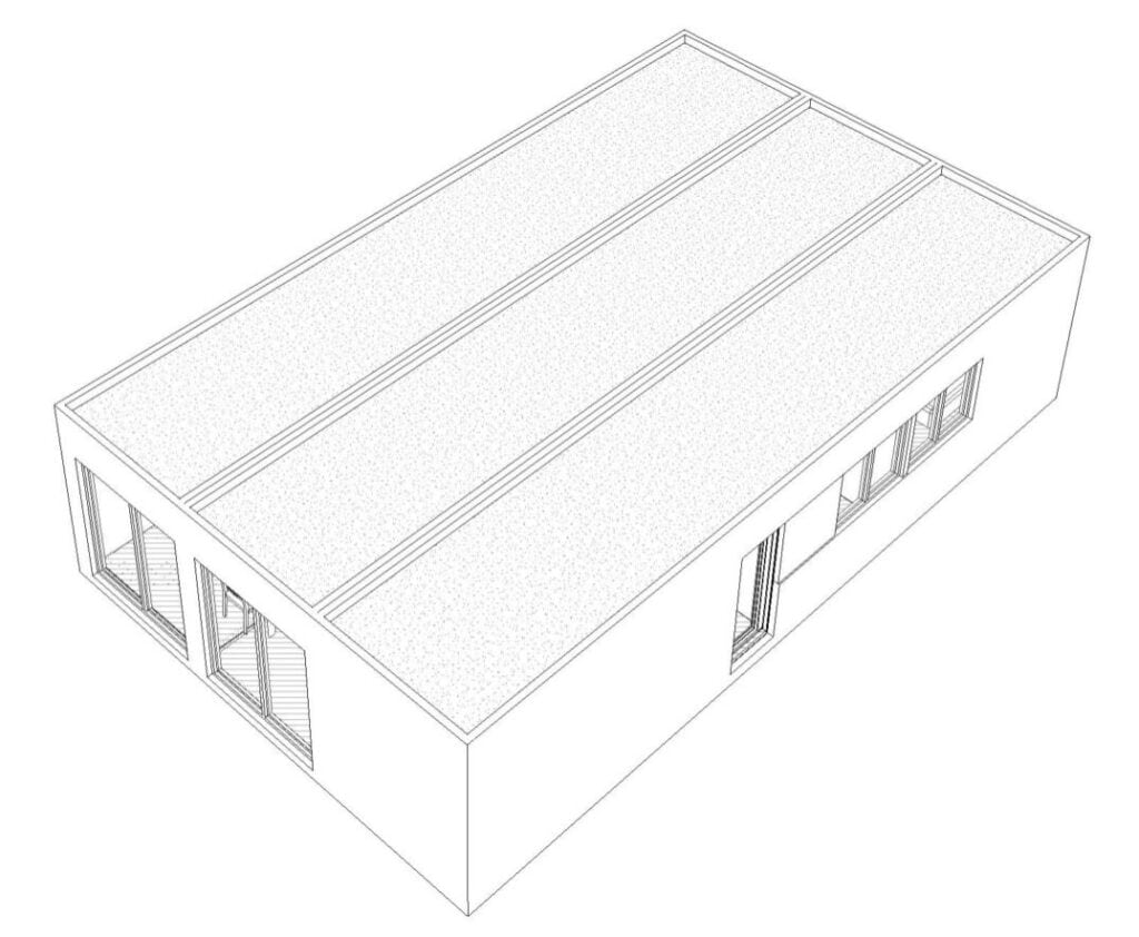 Dibujo isométrico de edificio rectangular con ventanas grandes.