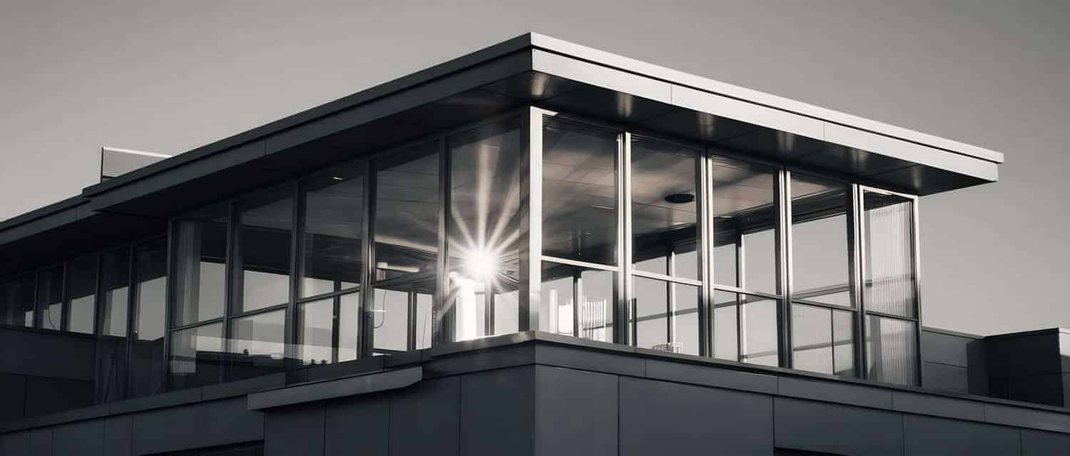 Sol reflejado en edificio moderno de vidrio.