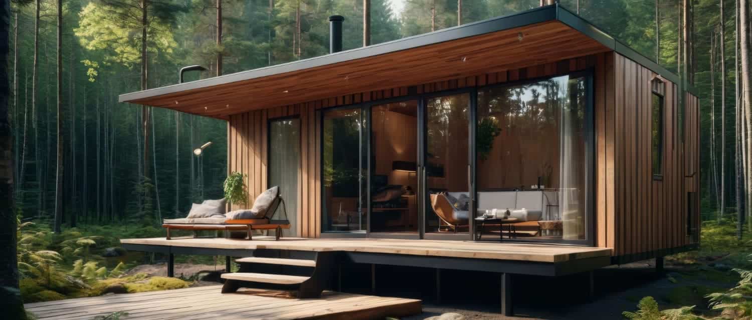 Cabaña moderna de madera en bosque frondoso