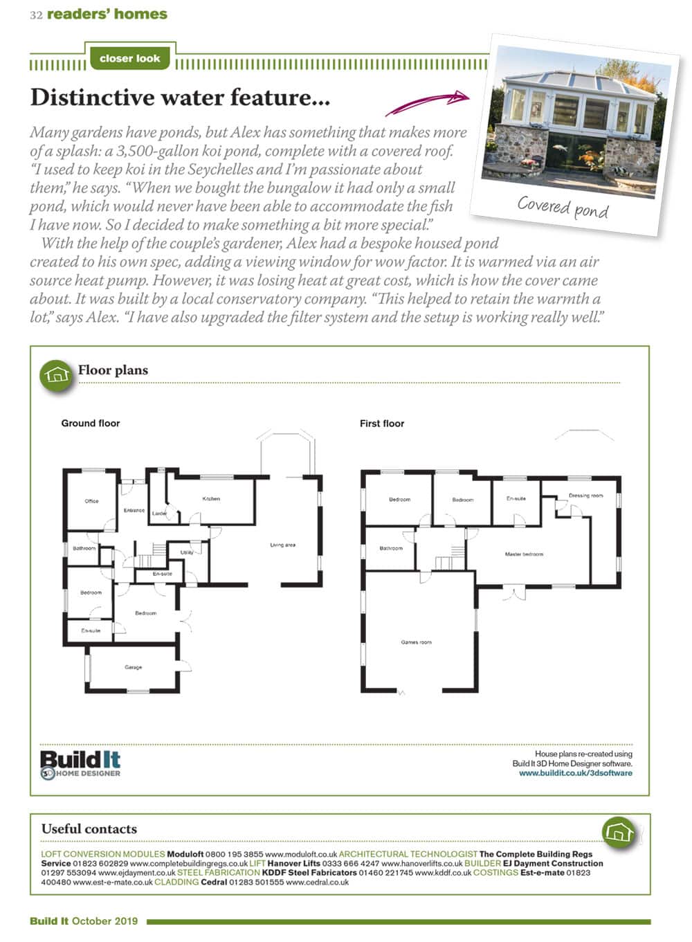 Beautiful bungalow with a pond and detailed floor plans for ground and first floors.