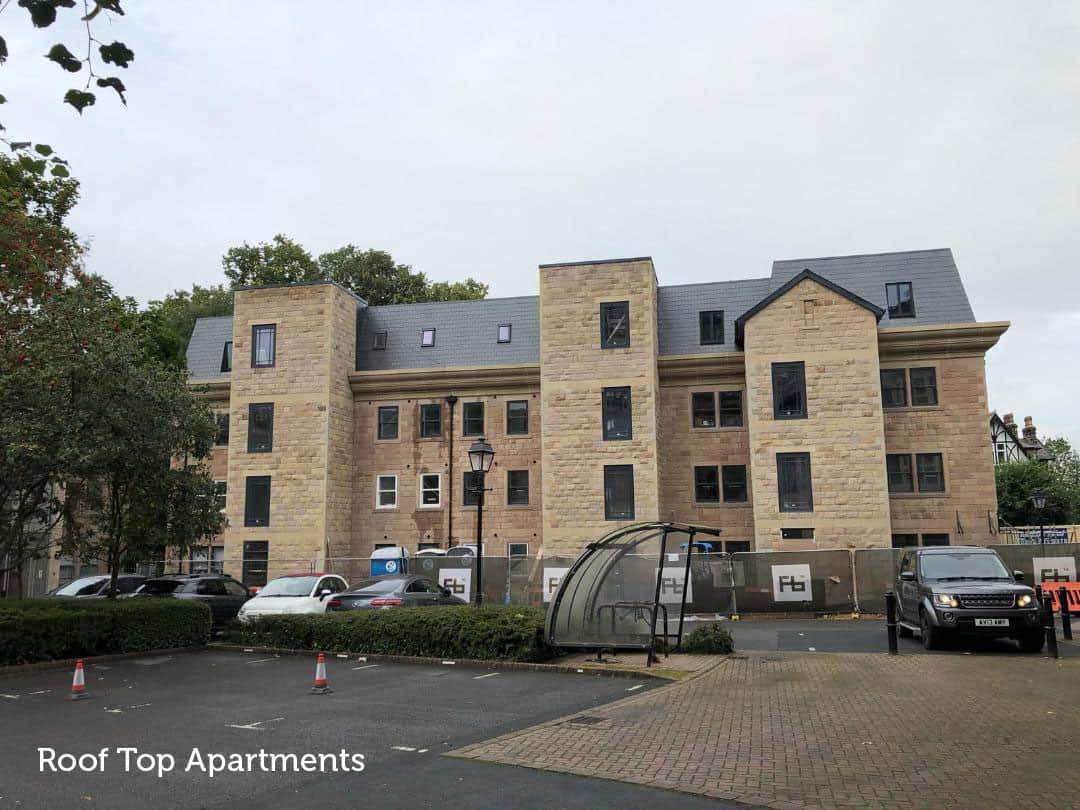 Modern roof top apartments with parking and landscaped surroundings.