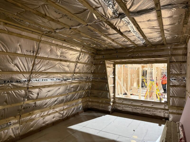 6. We insulate the internal wall with an airtight and moisture protective layer and batten the walls ready for plaster boarding.