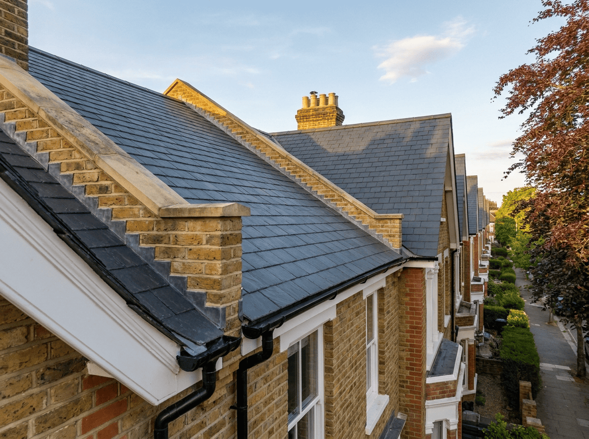 Brick parapet walls standing proud between the slate roofs of a terraced street