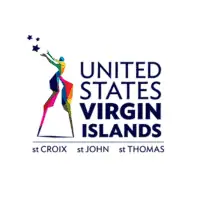 USVI Department of Tourism logo blue with colorful moko jumbie and three stars