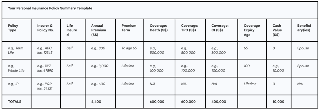 Your Personal Insurance Policy Summary Template in Singapore