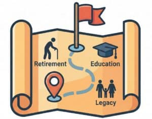 Accessible illustration of a map highlighting retirement, education, and legacy planning with icons representing each stage for financial planning.