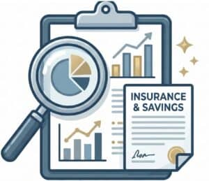 Magnifying glass over charts and graphs illustrating financial growth and planning for better insurance and savings decisions.