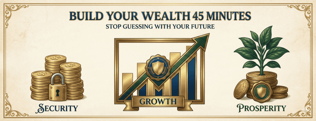 A graphic showing gold coins, a plant growing from coins, and a rising arrow symbolizing financial growth, prosperity, security, and wealth building in 45 minutes.