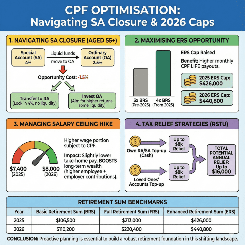 Gemini_Generated_Image_l10vwzl10vwzl10v Detailed infographic on CPF strategies including SA closure, ERS opportunity, salary management, and tax relief.