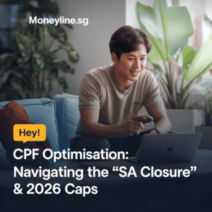 A young man with a laptop and mobile device, enjoying financial planning guides on CPF optimisation for SA closure and 2026 caps at home, surrounded by green plants.