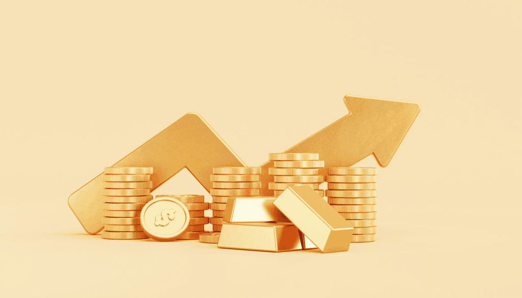 A digital illustration of stacked gold coins, bars, and an arrow pointing upwards representing financial growth and investment success.