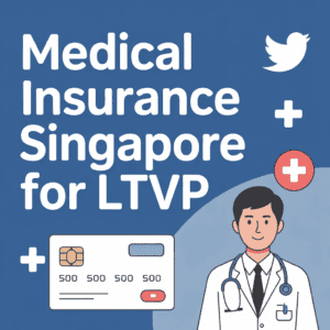 Illustration of a doctor and a health insurance card representing medical insurance options in Singapore for LTVP holders.