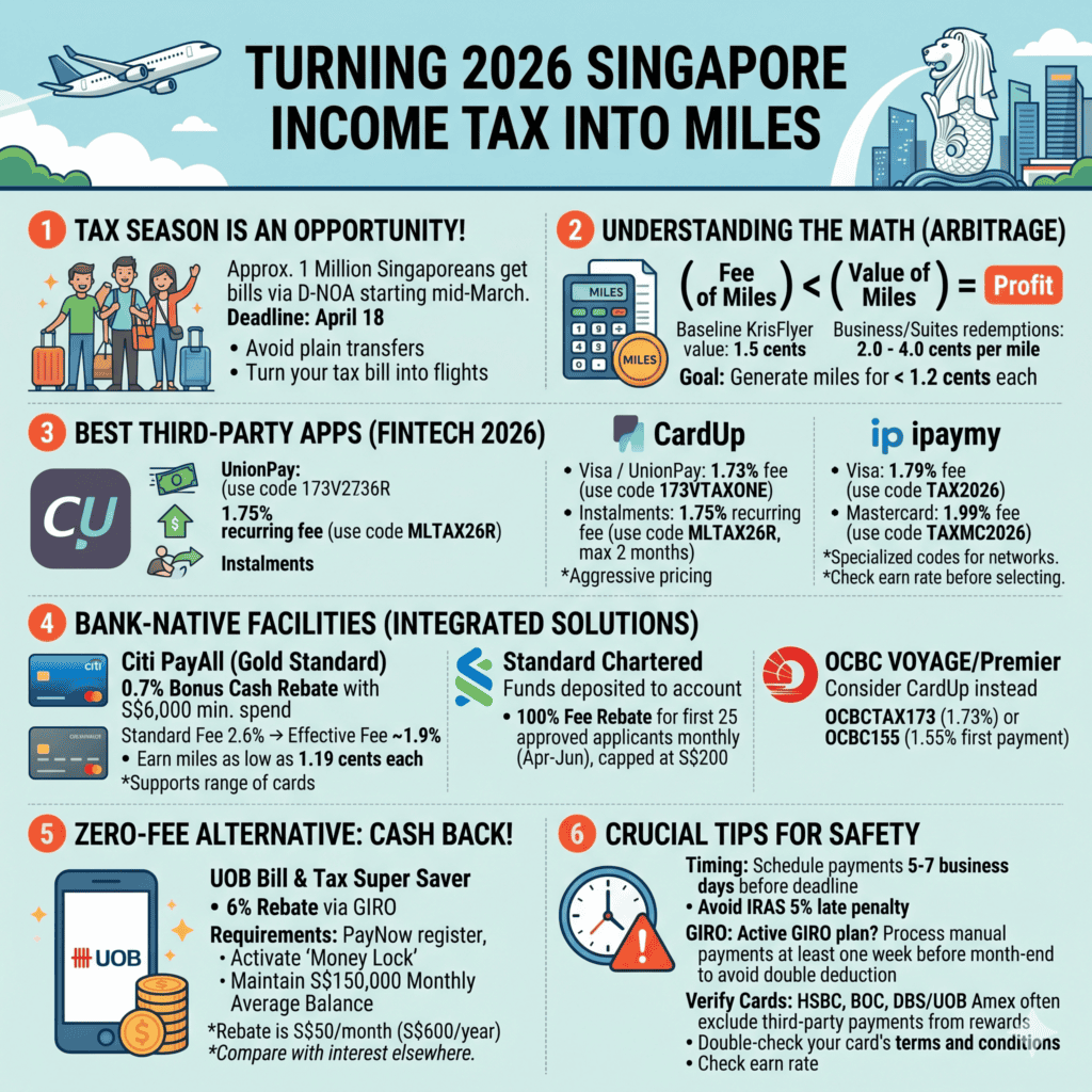Illustration of Singapore skyline with airplane, financial icons, and a lion statue, emphasizing smart financial planning and earning miles through tax payments.