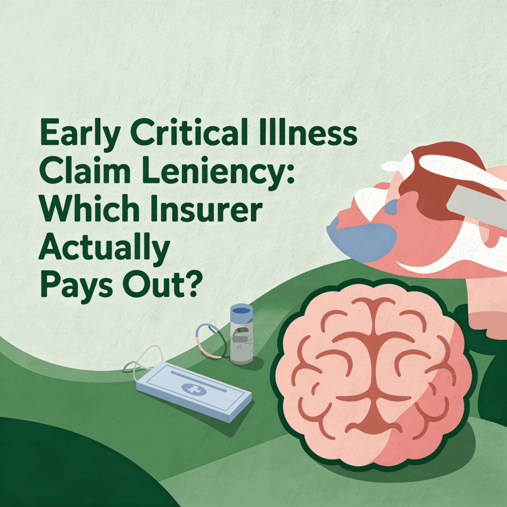 Illustration of a brain, medical supplies, and a claim form representing critical illness insurance payouts and insurer comparisons.