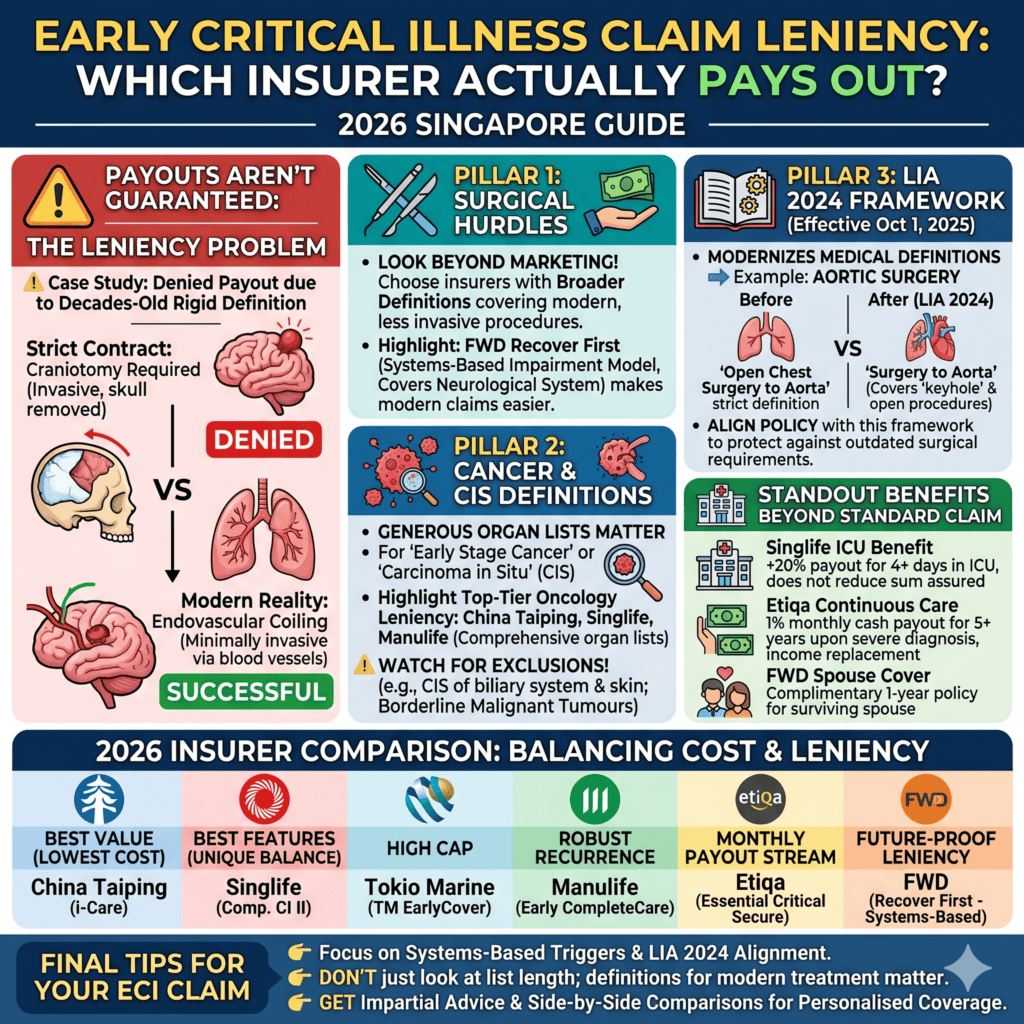 Comparison of insurer payout policies for early critical illness claims in Singapore.