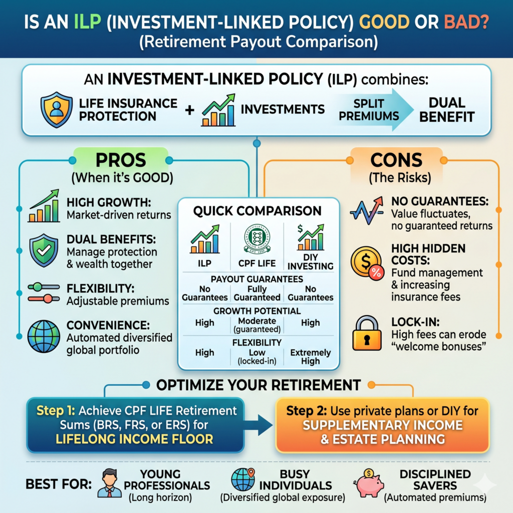 Infographic explaining the pros and cons of investment-linked policies (ILP) for retirement planning, highlighting key features, benefits, and risks.