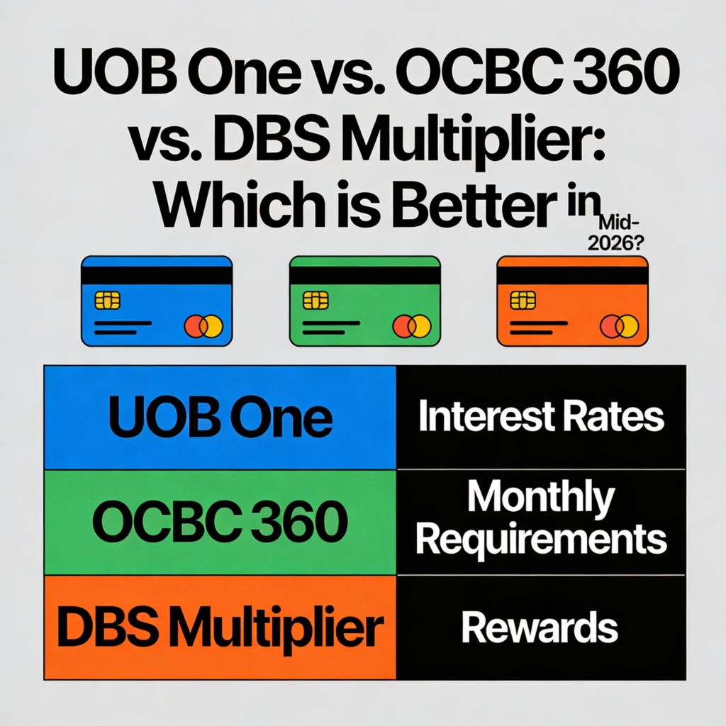 Comparison of UOB One, OCBC 360, and DBS Multiplier credit cards for mid-2026, highlighting interest rates, monthly requirements, and rewards.