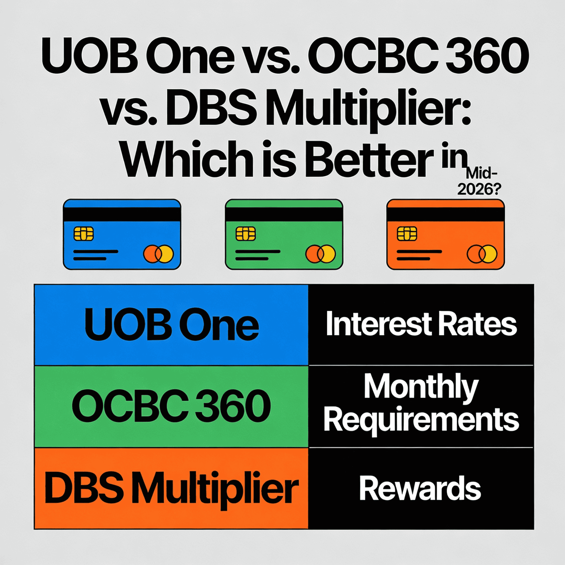 Comparison of UOB One, OCBC 360, and DBS Multiplier credit cards for mid-2026, highlighting interest rates, monthly requirements, and rewards.