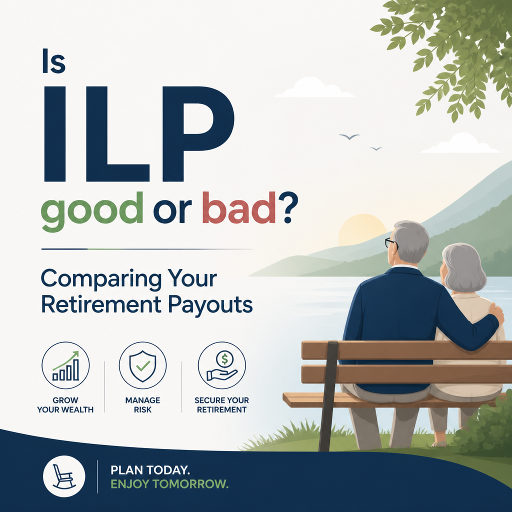 Illustration of an elderly couple sitting on a bench by the lake, contemplating retirement and comparing ILP investment options for financial planning.