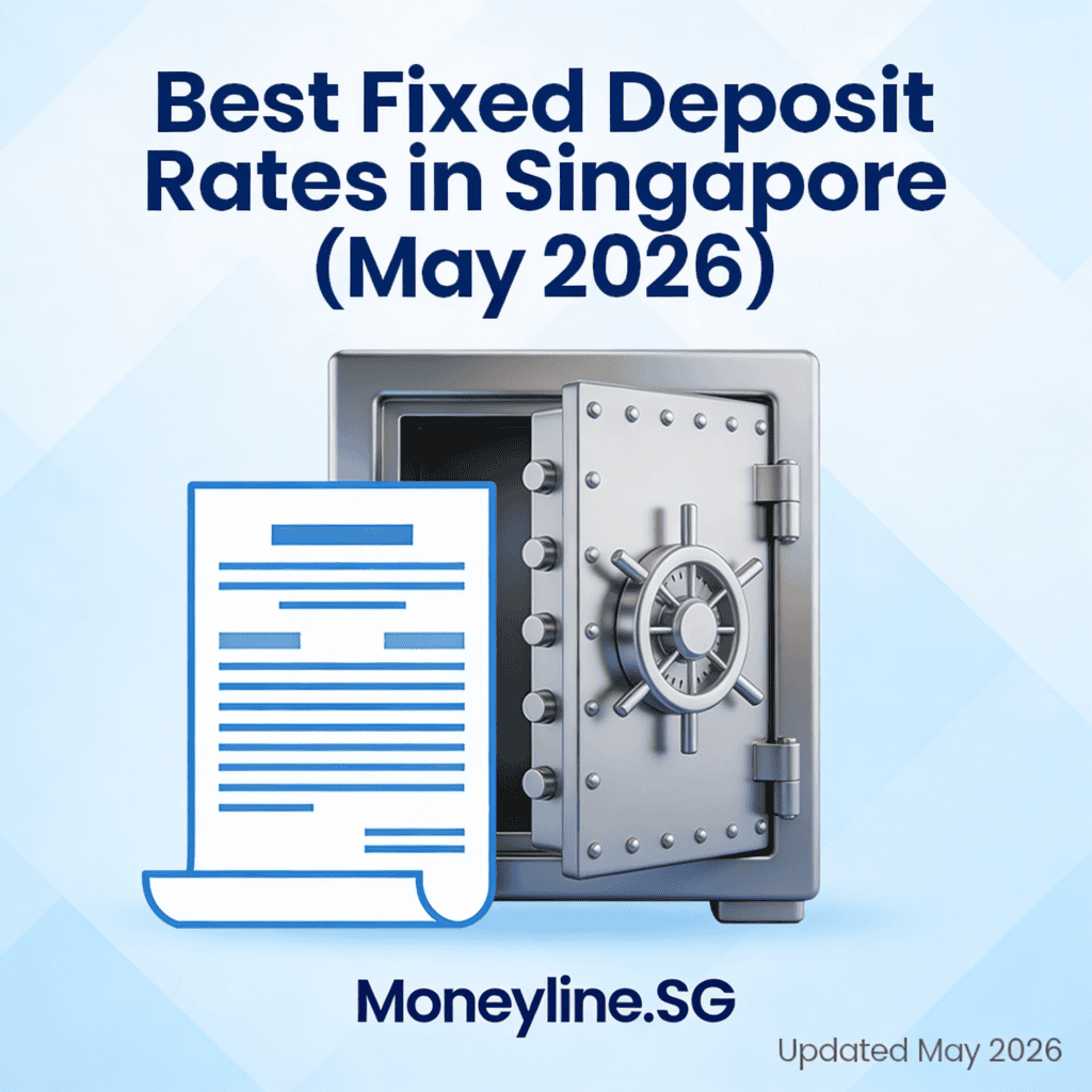 Illustration of a safe with a document, representing secure fixed deposit investments in Singapore for May 2026.