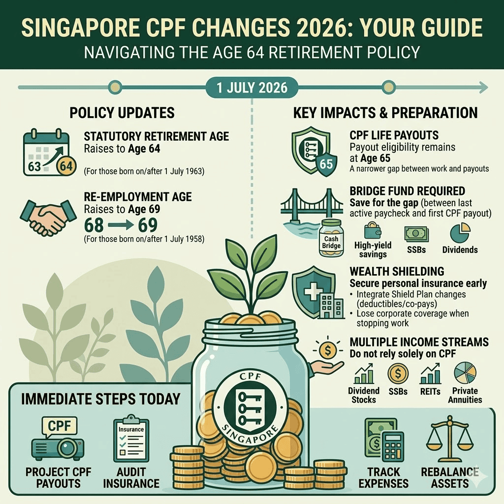 Infographic explaining Singapore's CPF policy updates effective from July 2026, including retirement age, payout changes, and financial planning tips.