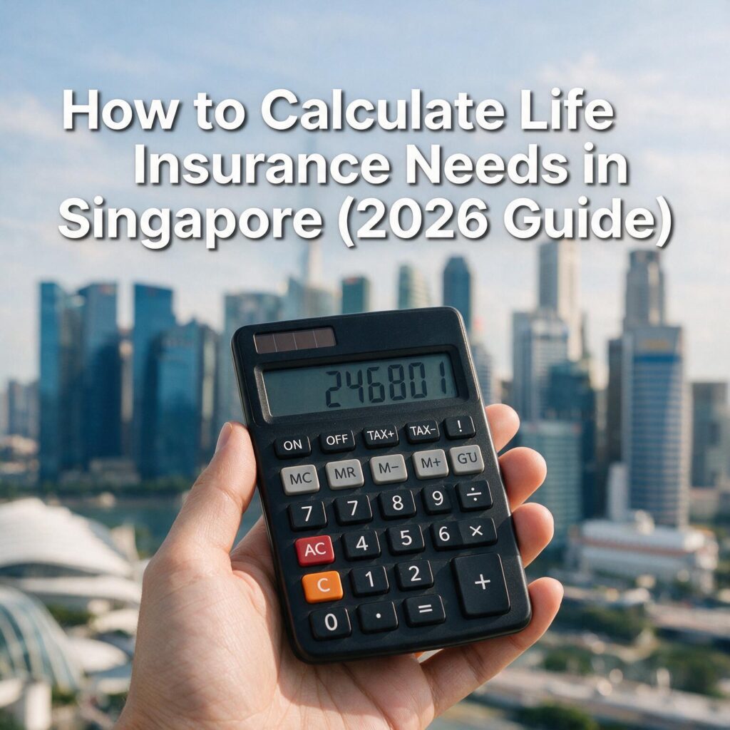 Hand holding calculator with Singapore city skyline in background, illustrating financial planning for life insurance needs.
