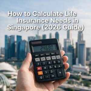 Hand holding calculator with Singapore city skyline in background, illustrating financial planning for life insurance needs.