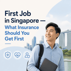 Young professional in Singapore with backpack and laptop, city skyline background, promoting insurance planning for first job.