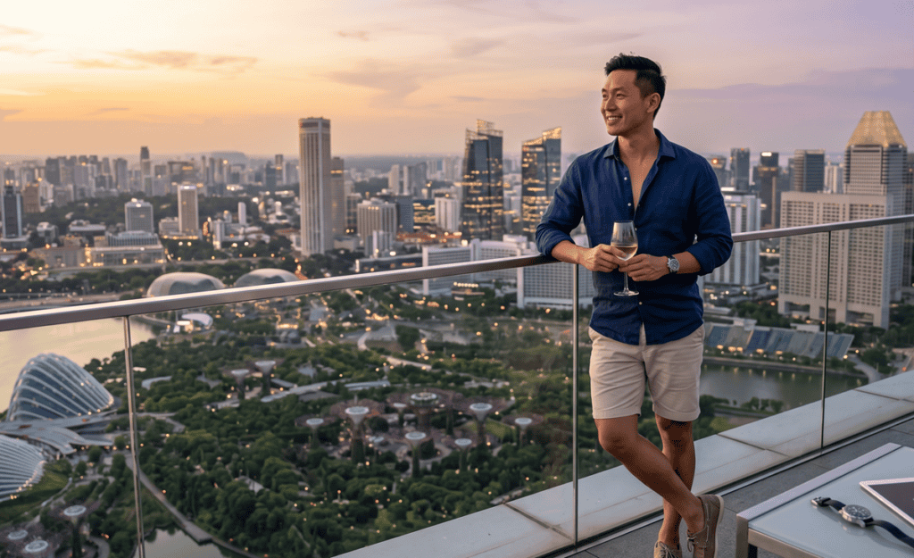 A man enjoying a drink on a rooftop overlooking Singapore's city skyline during sunset, with tall buildings and lush greenery below.